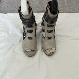 Freebird by Steven Taupe and Black Cutout Peep-Toe Wedges